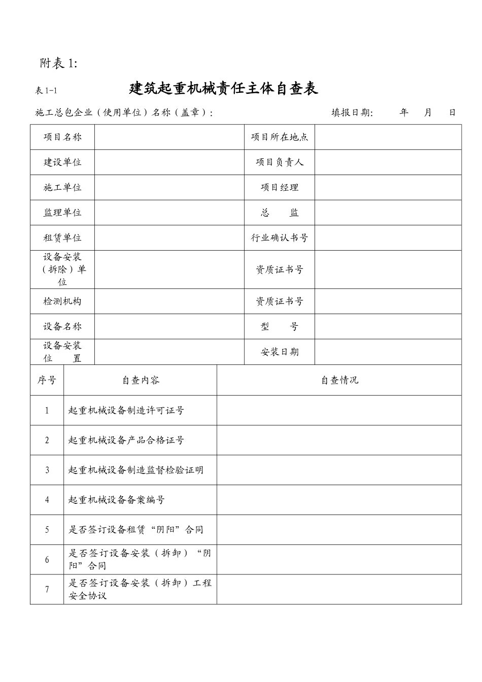 建筑起重机械塔式起重机责任主体自查表_第1页