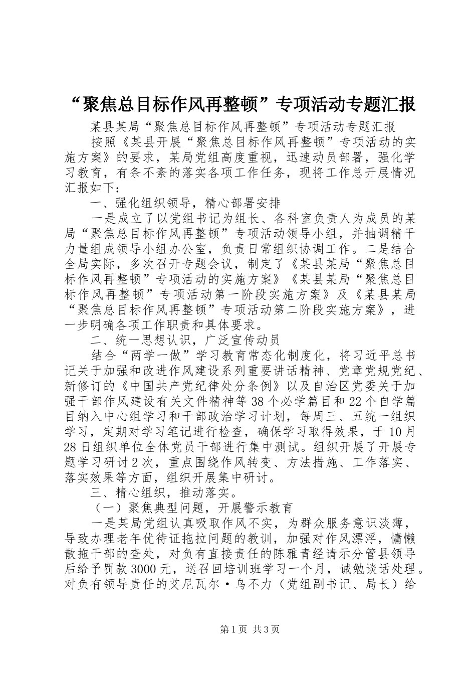 “聚焦总目标作风再整顿”专项活动专题汇报_第1页