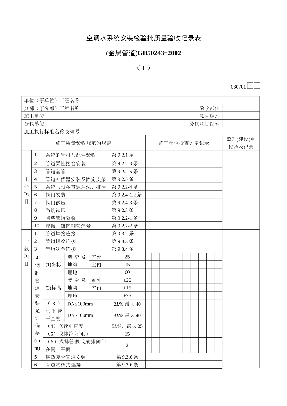 空调水系统安装检验批质量验收记录表Ⅰ_第1页