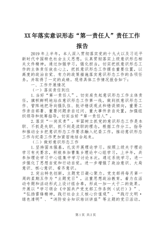 XX年落实意识形态“第一责任人”责任工作报告