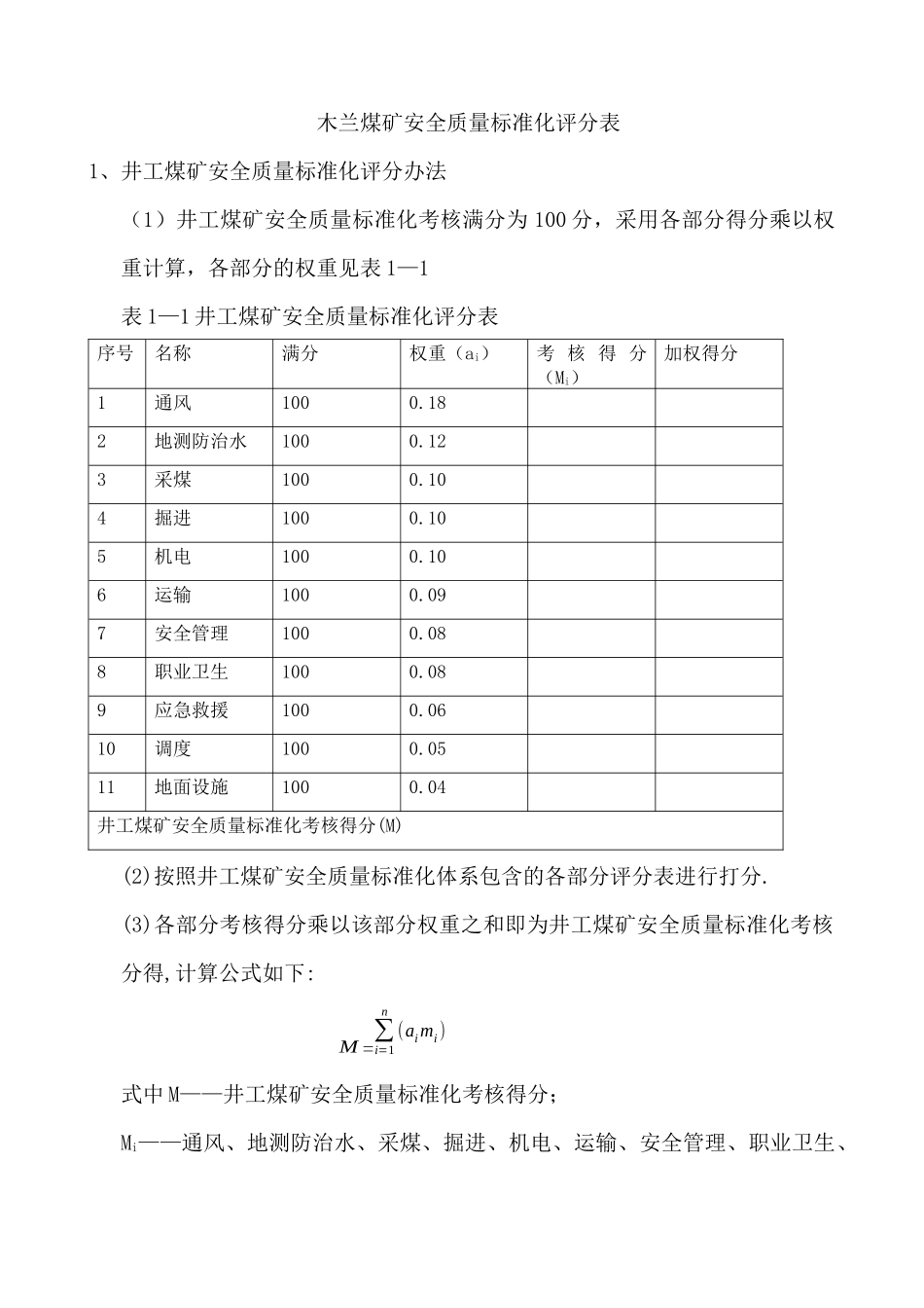 木兰煤矿安全质量标准化评分表_第1页