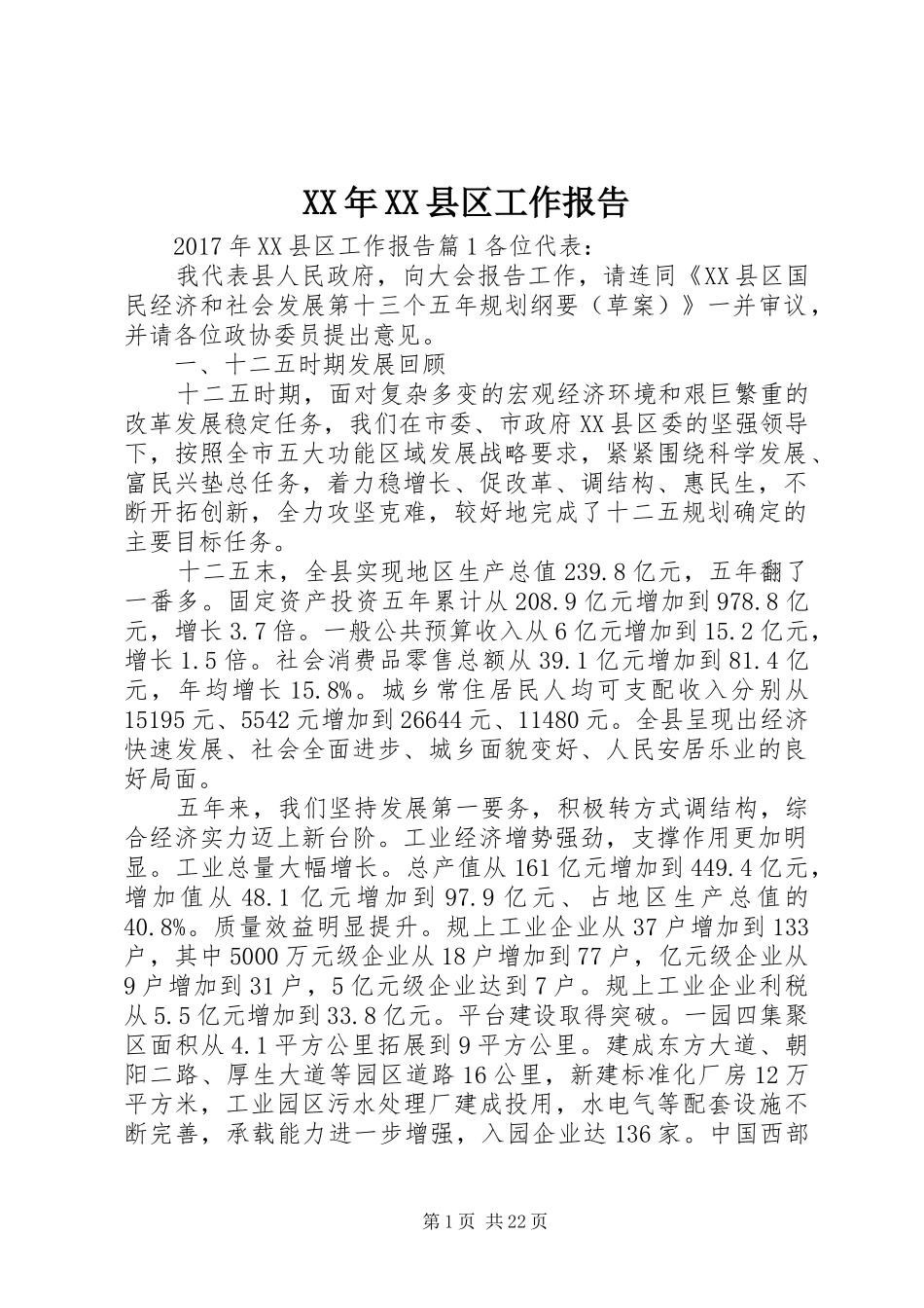 XX年XX县区工作报告_第1页