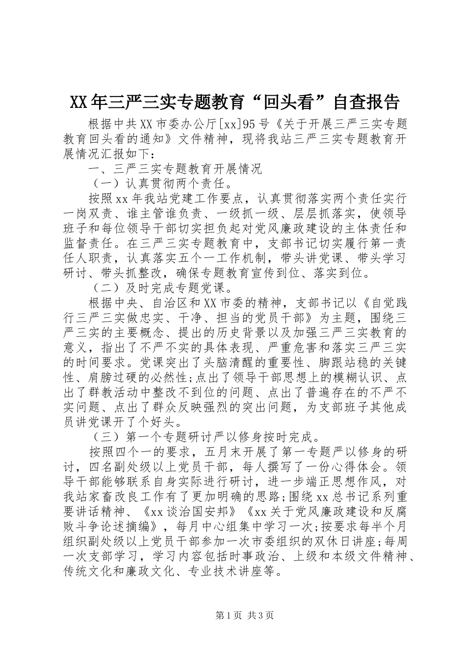 XX年三严三实专题教育“回头看”自查报告_第1页