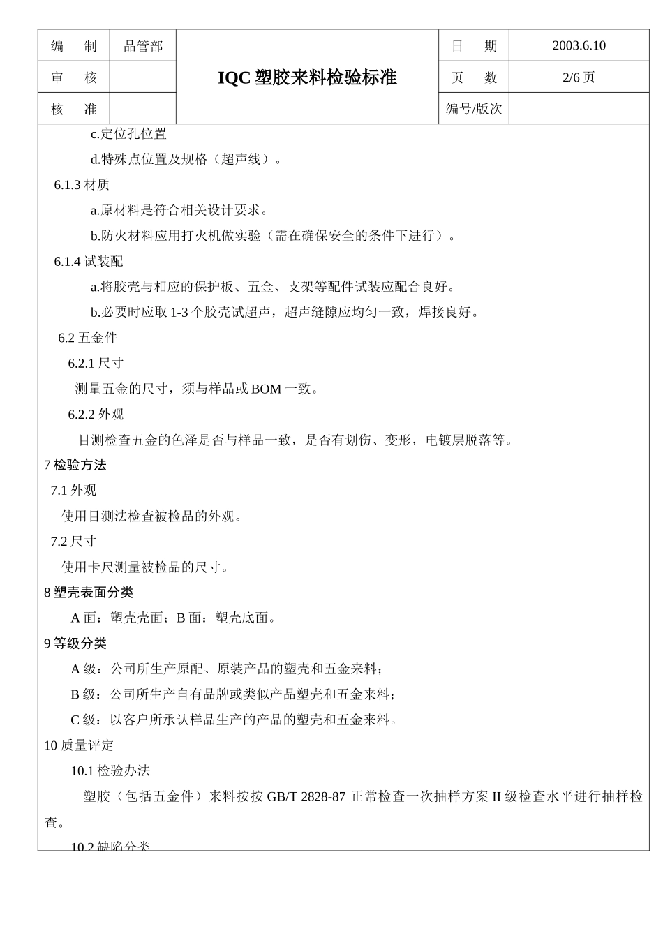 进料检验规范之01IQC塑胶来料检验标准_第2页