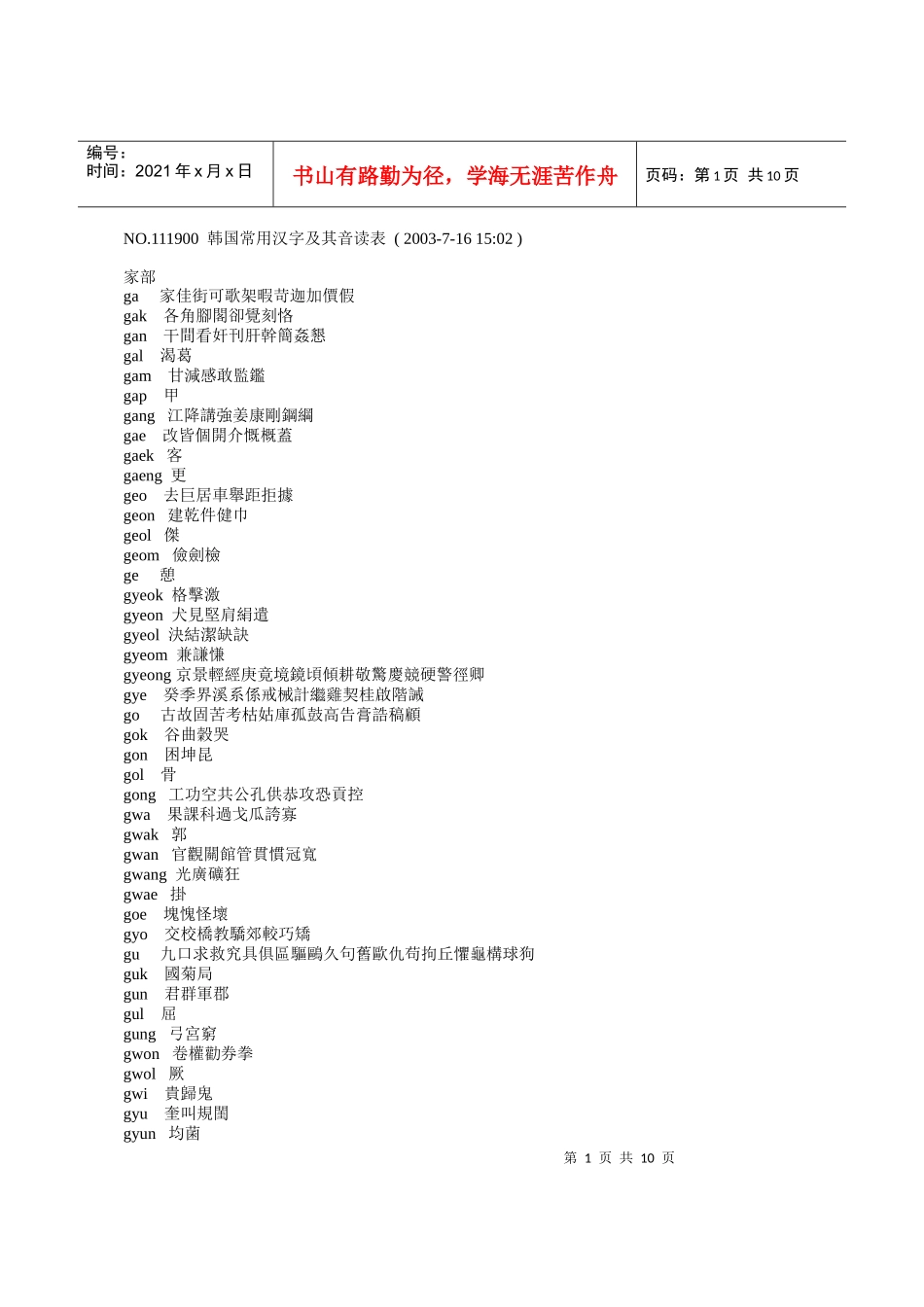 韩国常用汉字及其音读表_第1页