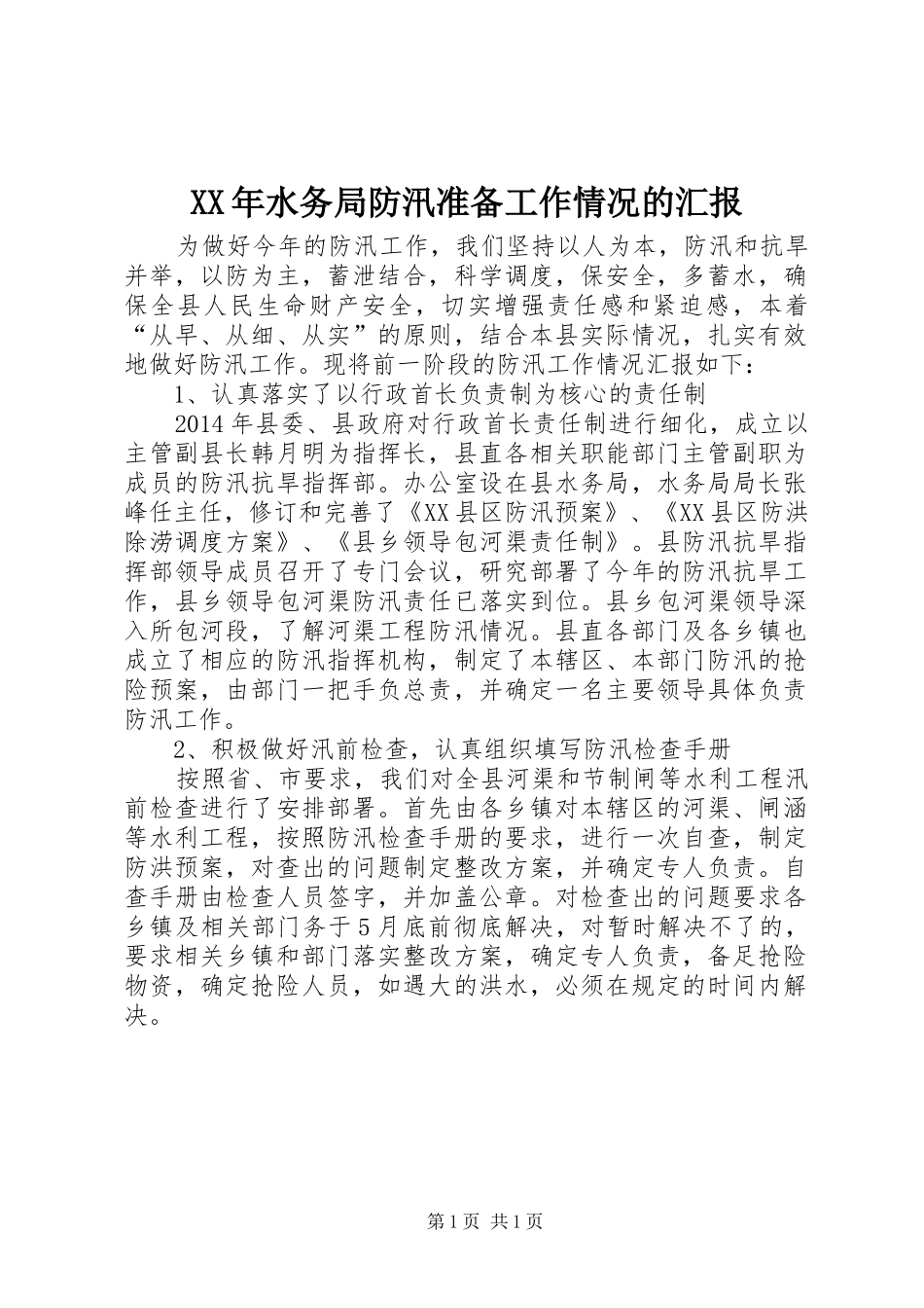 XX年水务局防汛准备工作情况的汇报_第1页