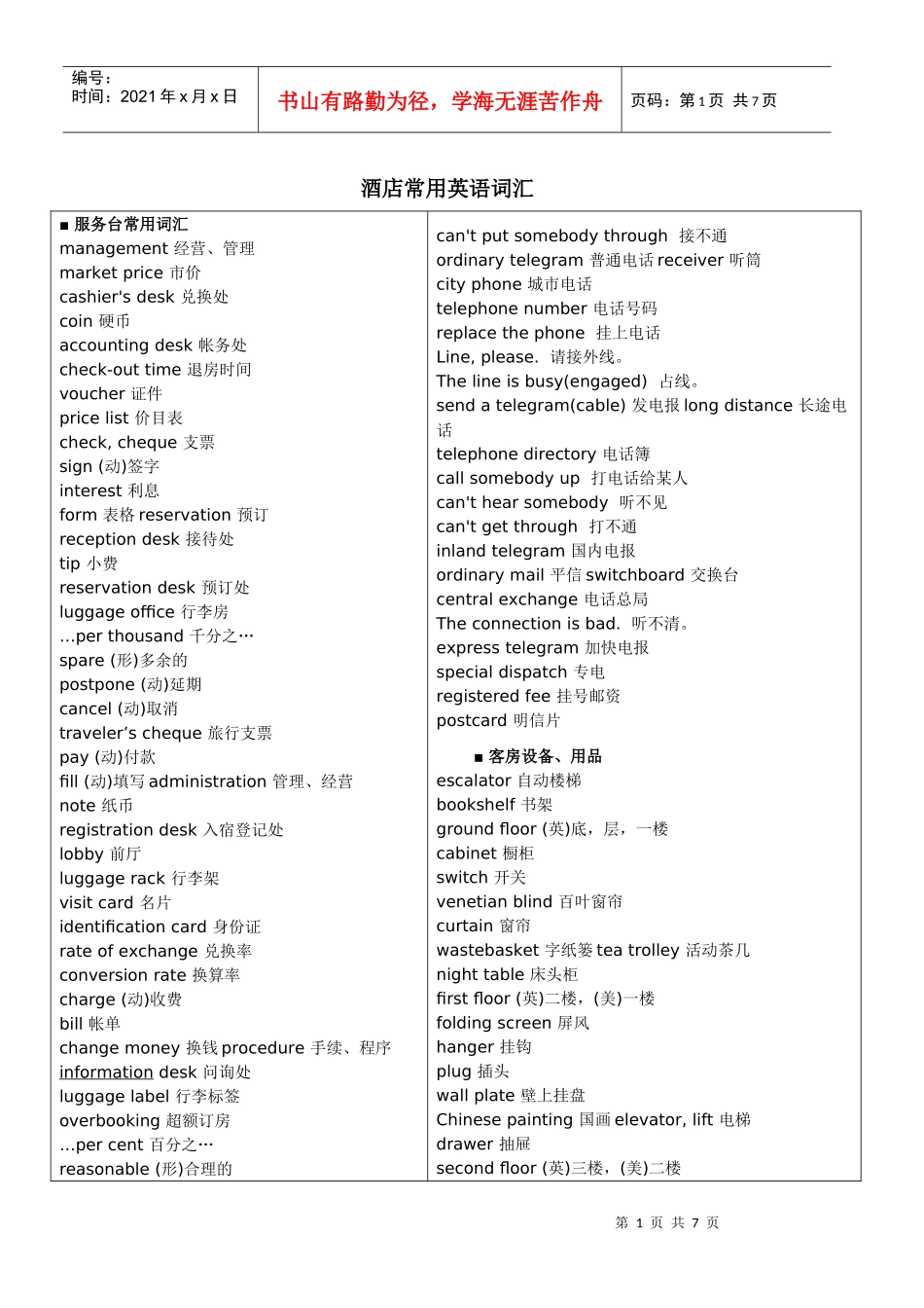 酒店常用英语词汇及语句_第1页