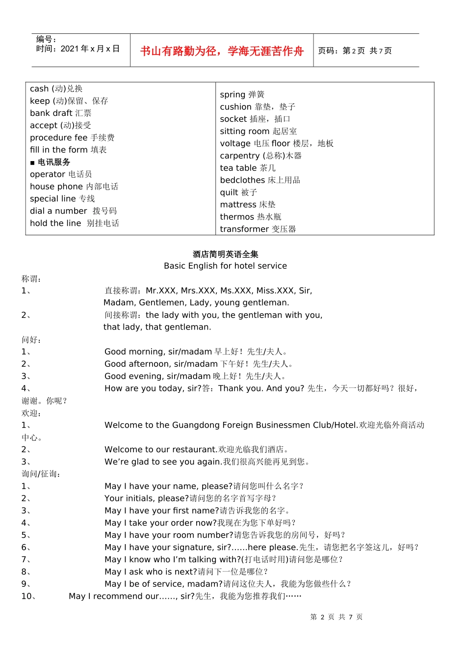 酒店常用英语词汇及语句_第2页