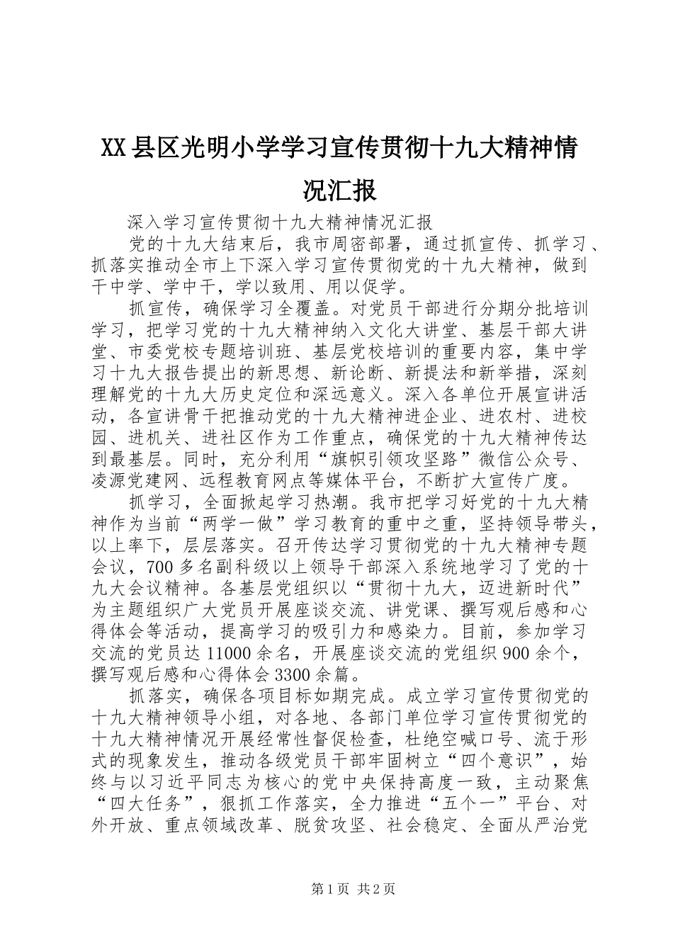 XX县区光明小学学习宣传贯彻十九大精神情况汇报_第1页