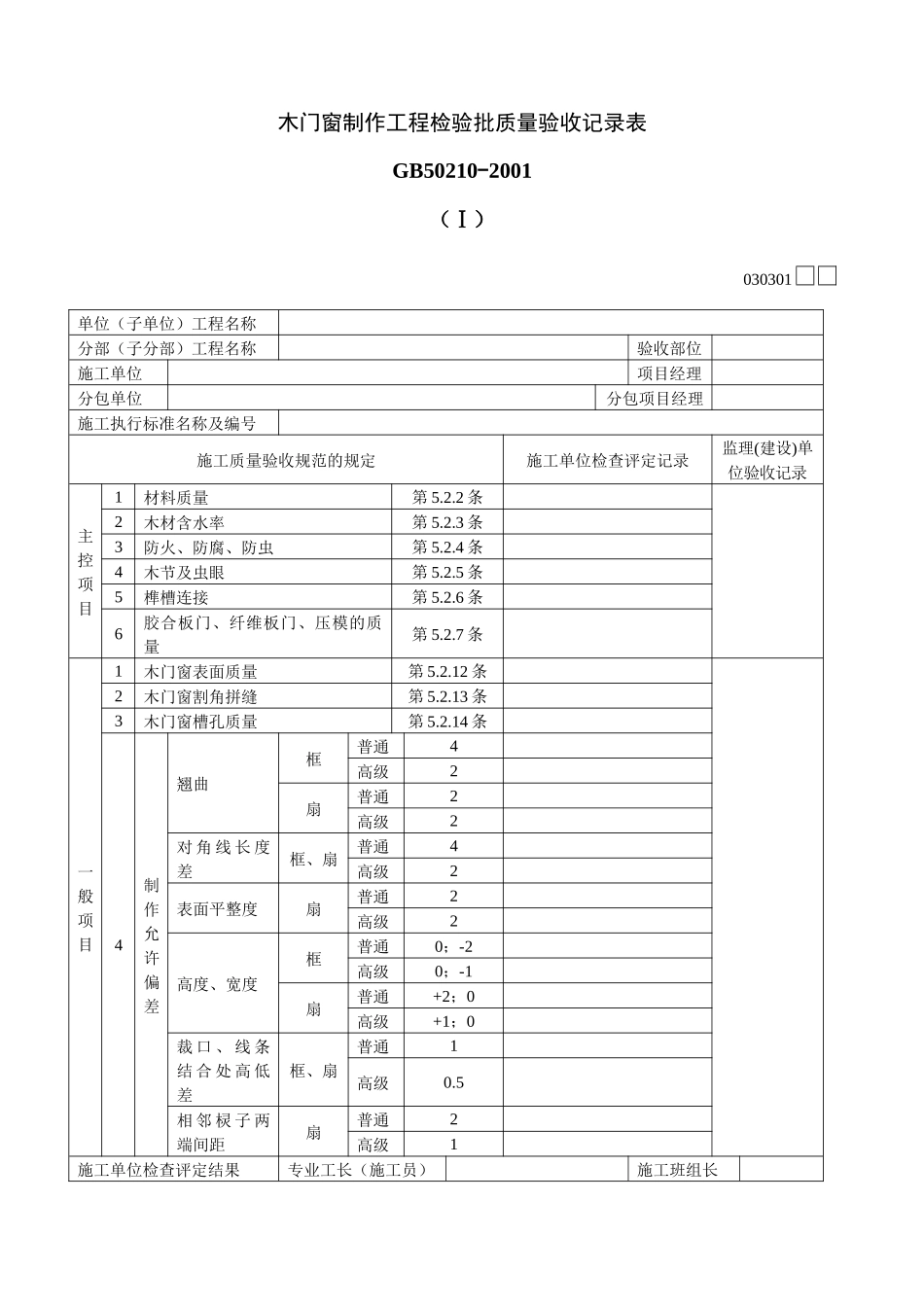 木门窗制作工程检验批质量验收记录表Ⅰ_第1页