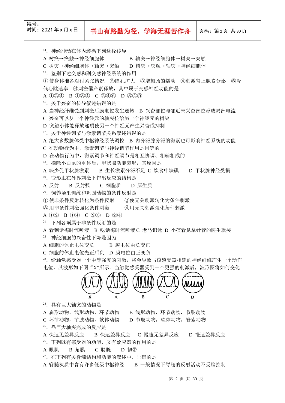 高中生物试题专题资源库—《人和动物的神经调节》(完全WORD版)_第2页