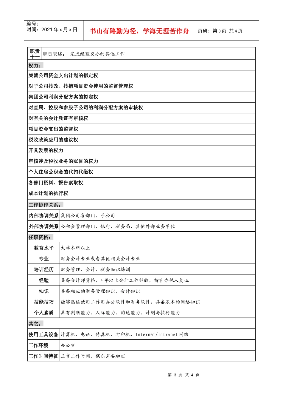 电力集团财务部支出和成本管理岗职务说明书_第3页