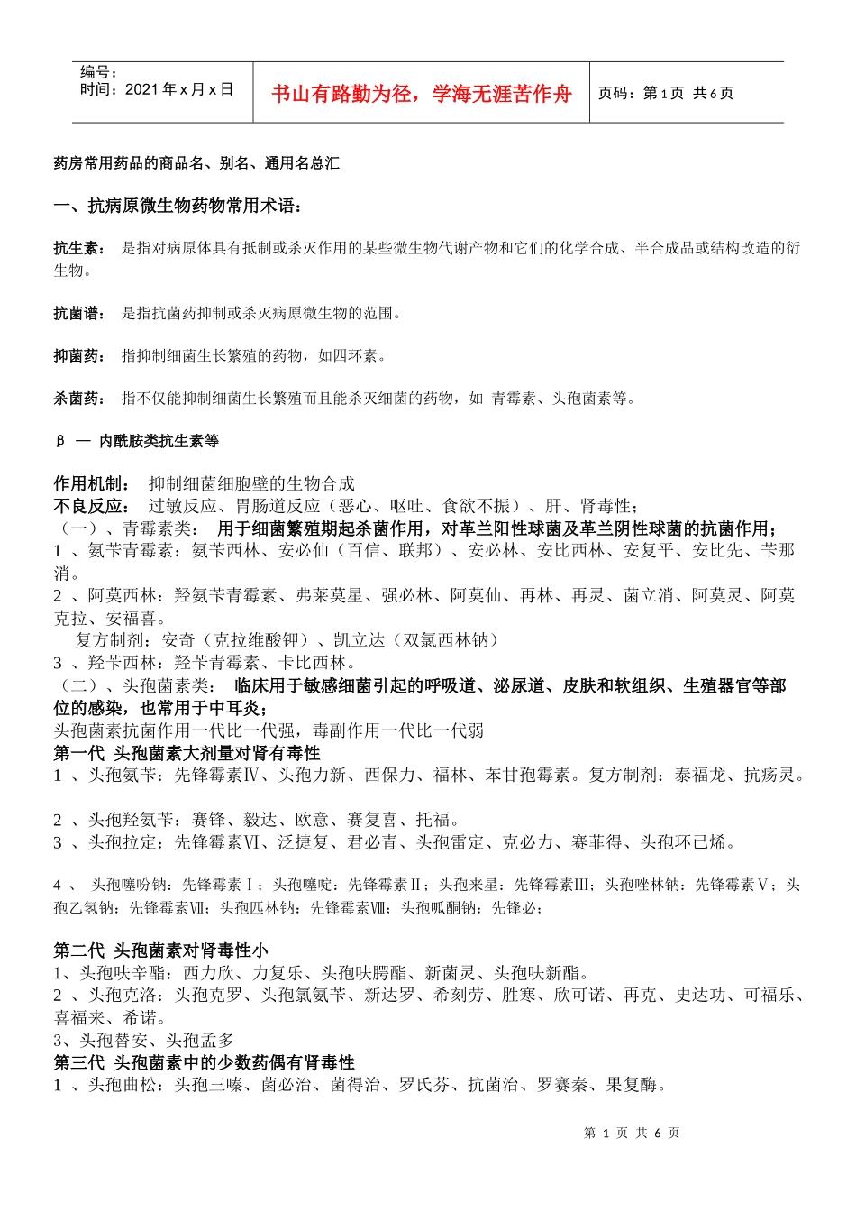 药房常用药品的商品名、别名、通用名总汇_第1页