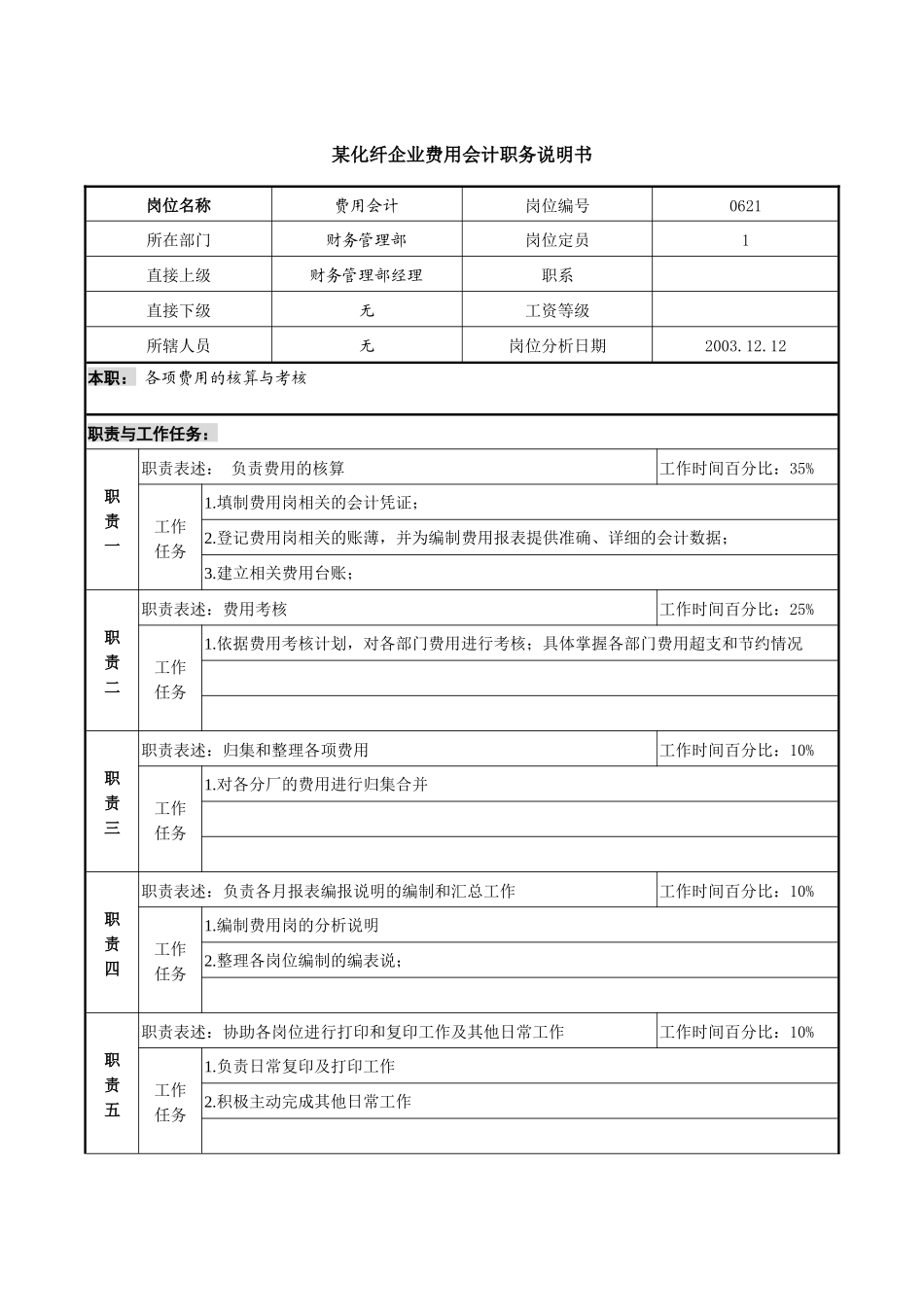 某化纤企业费用会计职务说明书_第1页