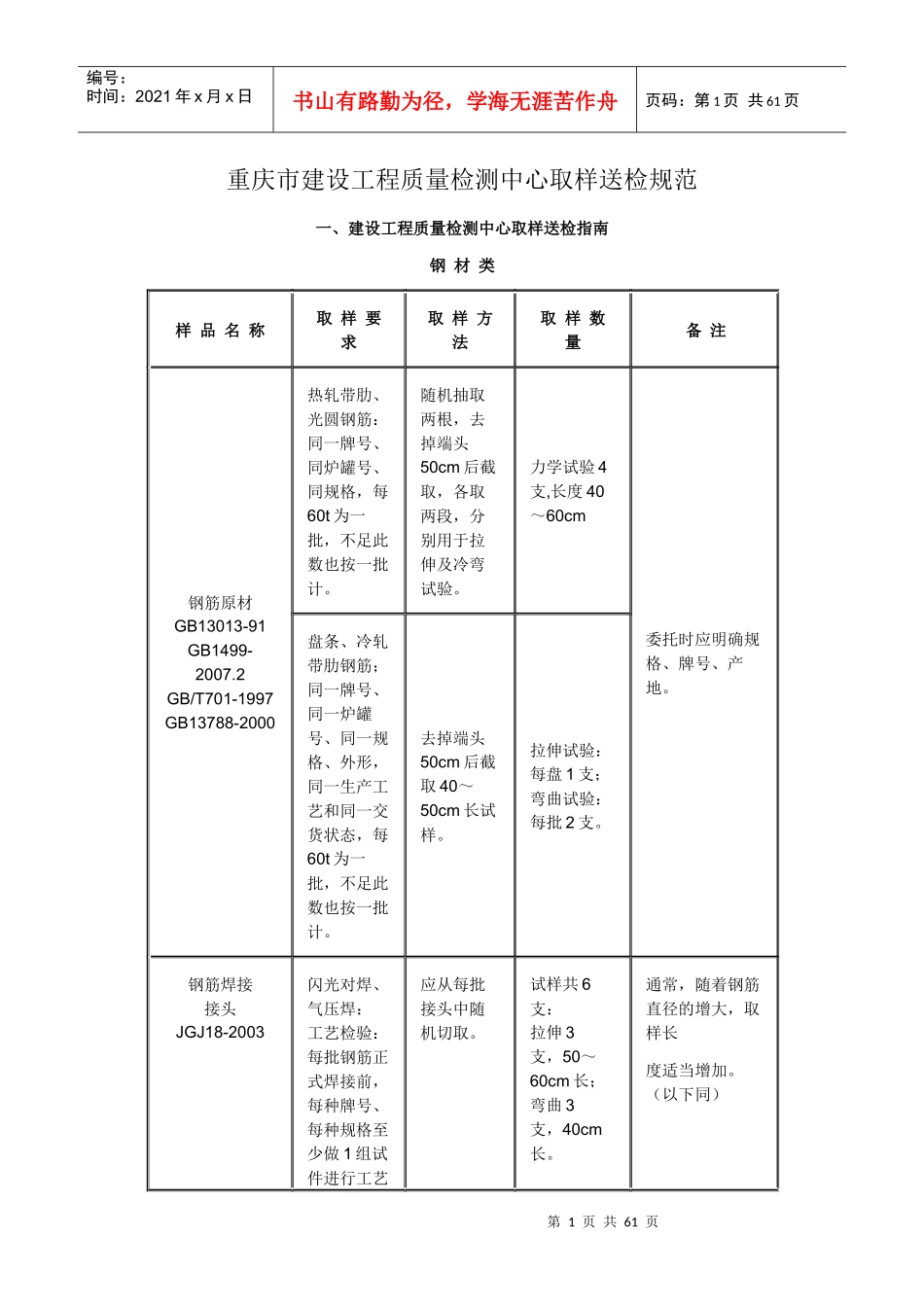 重庆市建设工程质量检测中心取样送检规范_第1页