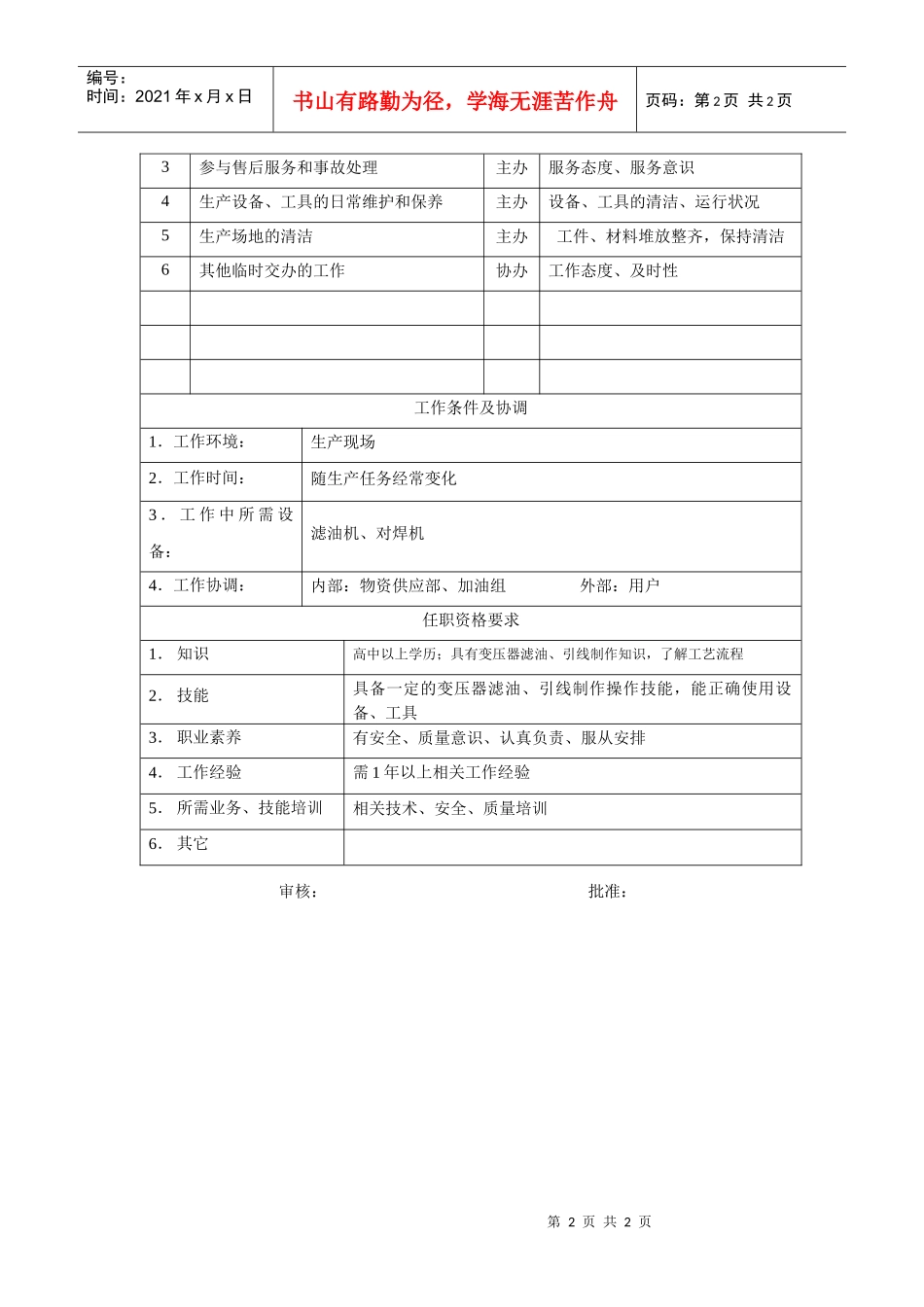 电力集团某大型电气配件企业滤油工岗位说明书_第2页