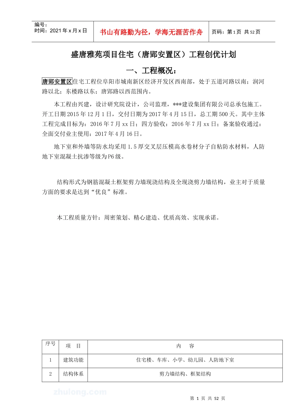 盛唐雅苑住宅工程创优计划(黄山杯)_secret_第1页