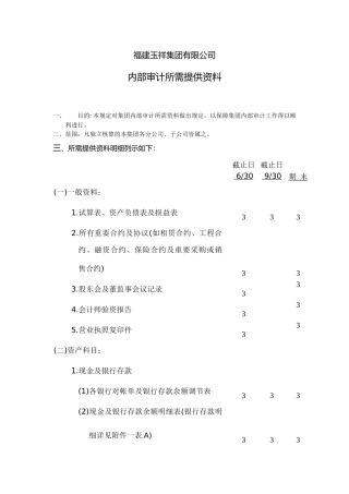 内部审计所需提供资料