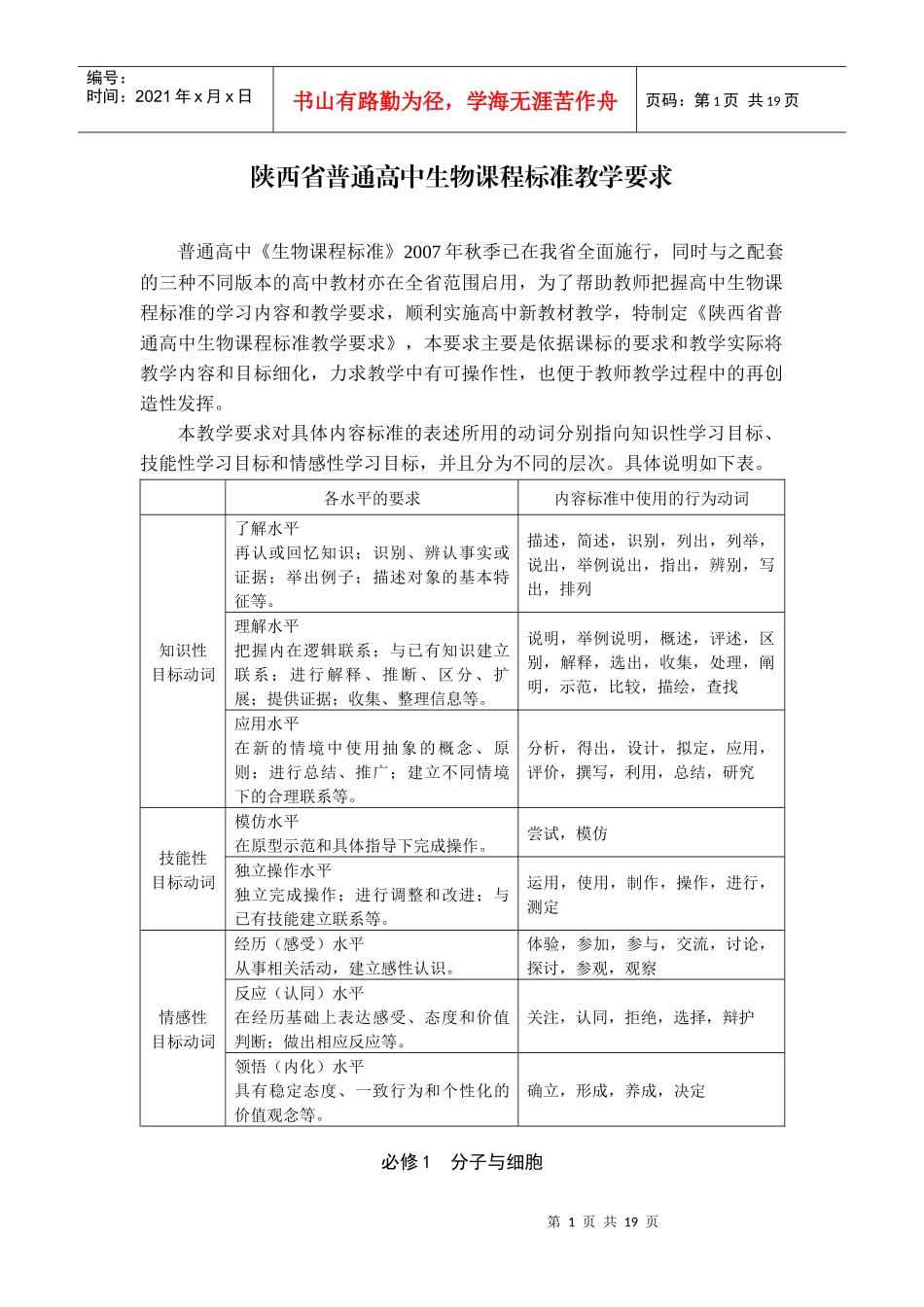 陕西省普通高中生物课程标准教学要求_第1页
