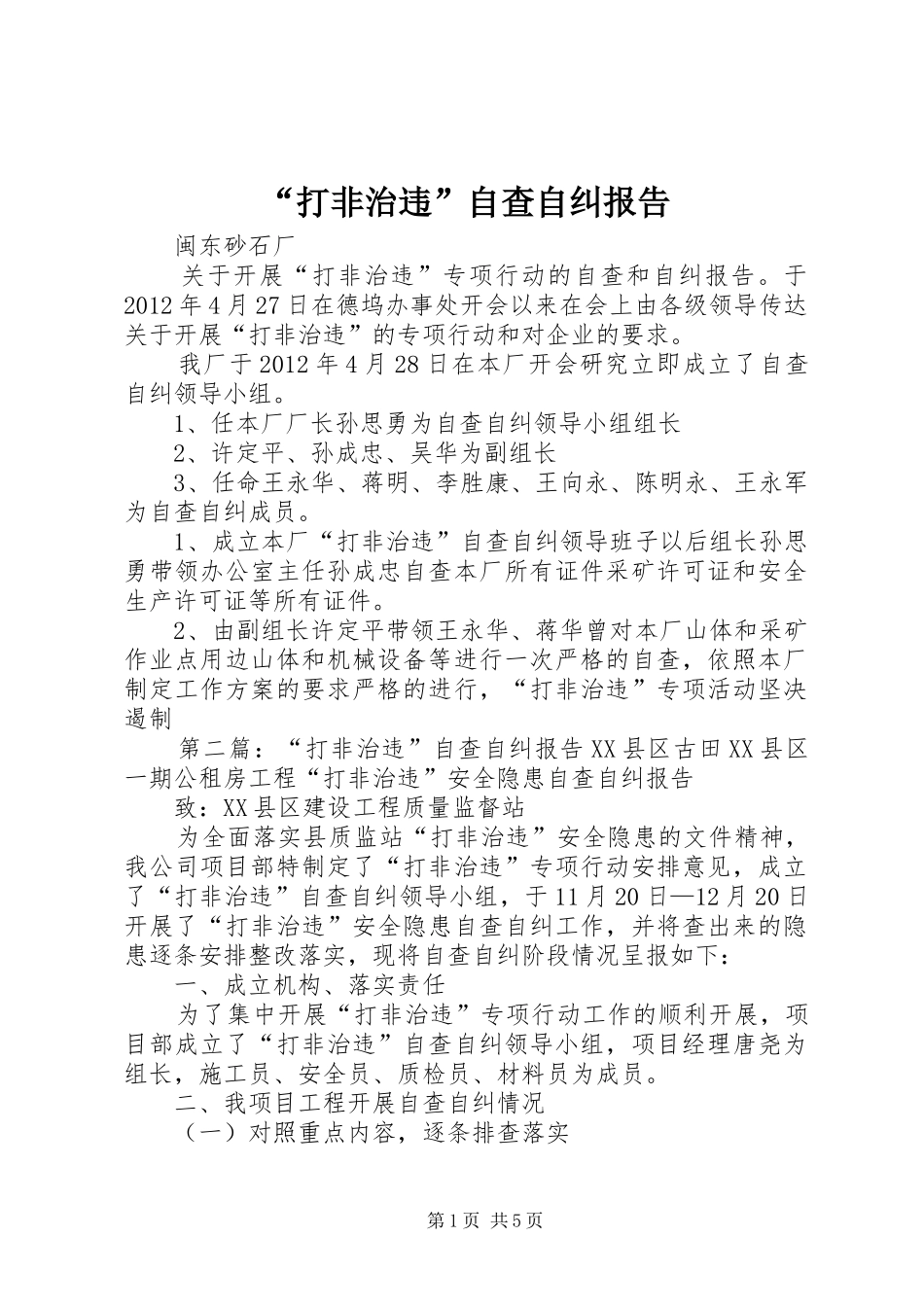 “打非治违”自查自纠报告_第1页