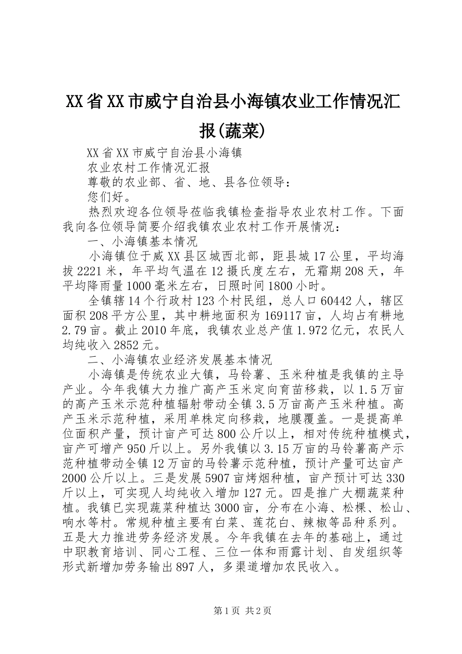 XX省XX市威宁自治县小海镇农业工作情况汇报(蔬菜)_第1页