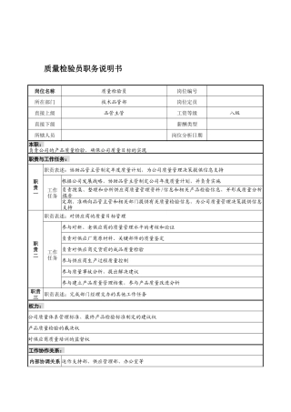 宁波华能贸易公司品质管理部质量检验员职务说明书