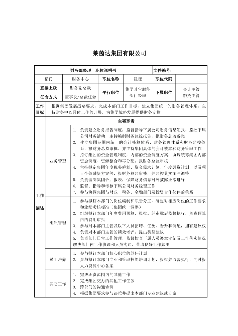 莱茵达公司集团财务部经理职位说明书_第1页