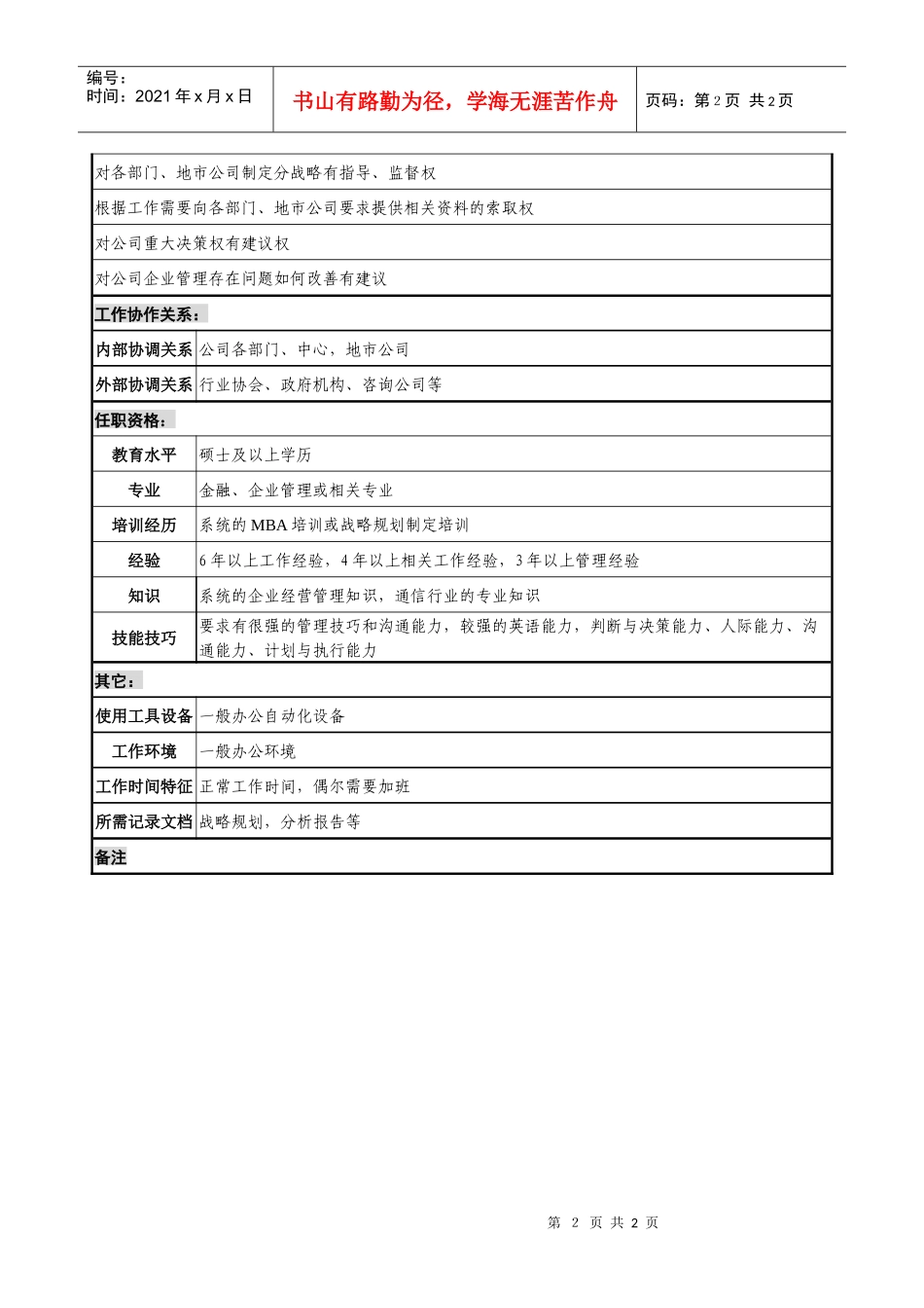 通信行业-综合部-战略研究岗位说明书_第2页