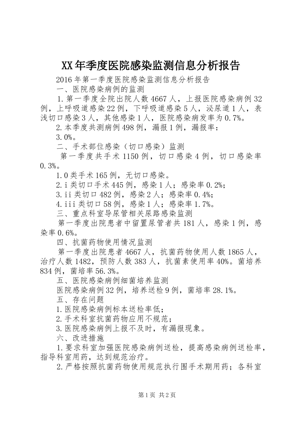 XX年季度医院感染监测信息分析报告_第1页