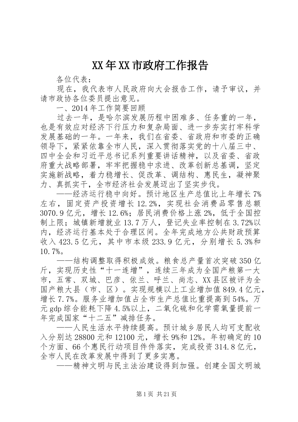 XX年XX市政府工作报告 (45)_第1页