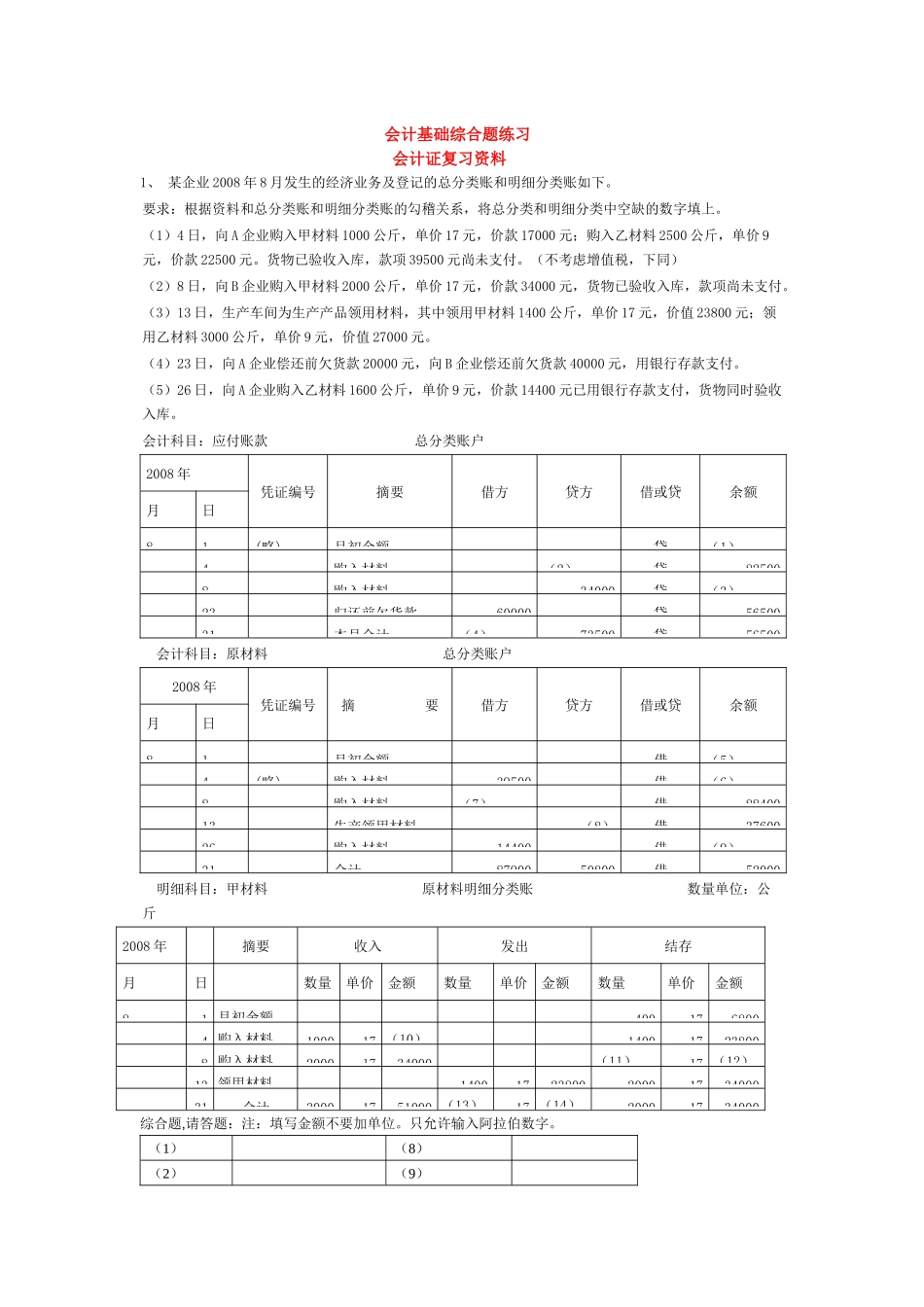 会计证复习资料 会计基础综合题练习(答案)_第1页