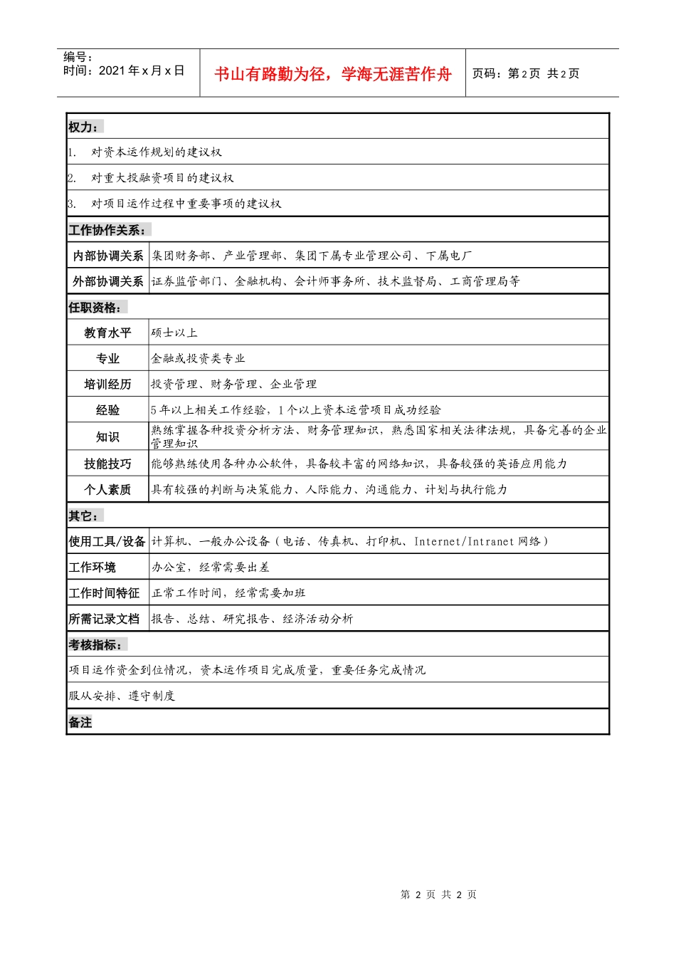 电力集团投资管理部投融资管理岗职务说明书_第2页