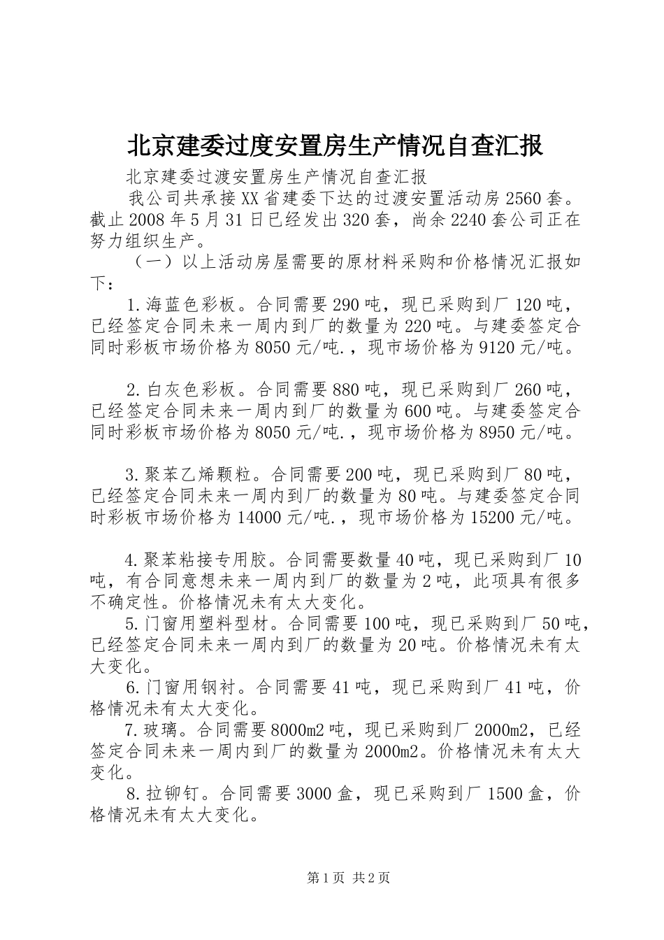 北京建委过度安置房生产情况自查汇报_第1页