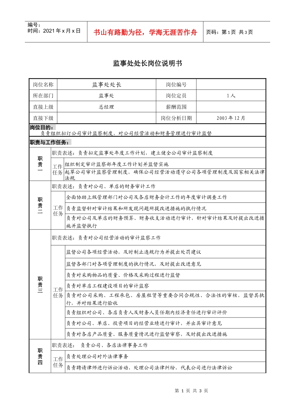 餐饮企业监事处处长岗位说明书l_第1页