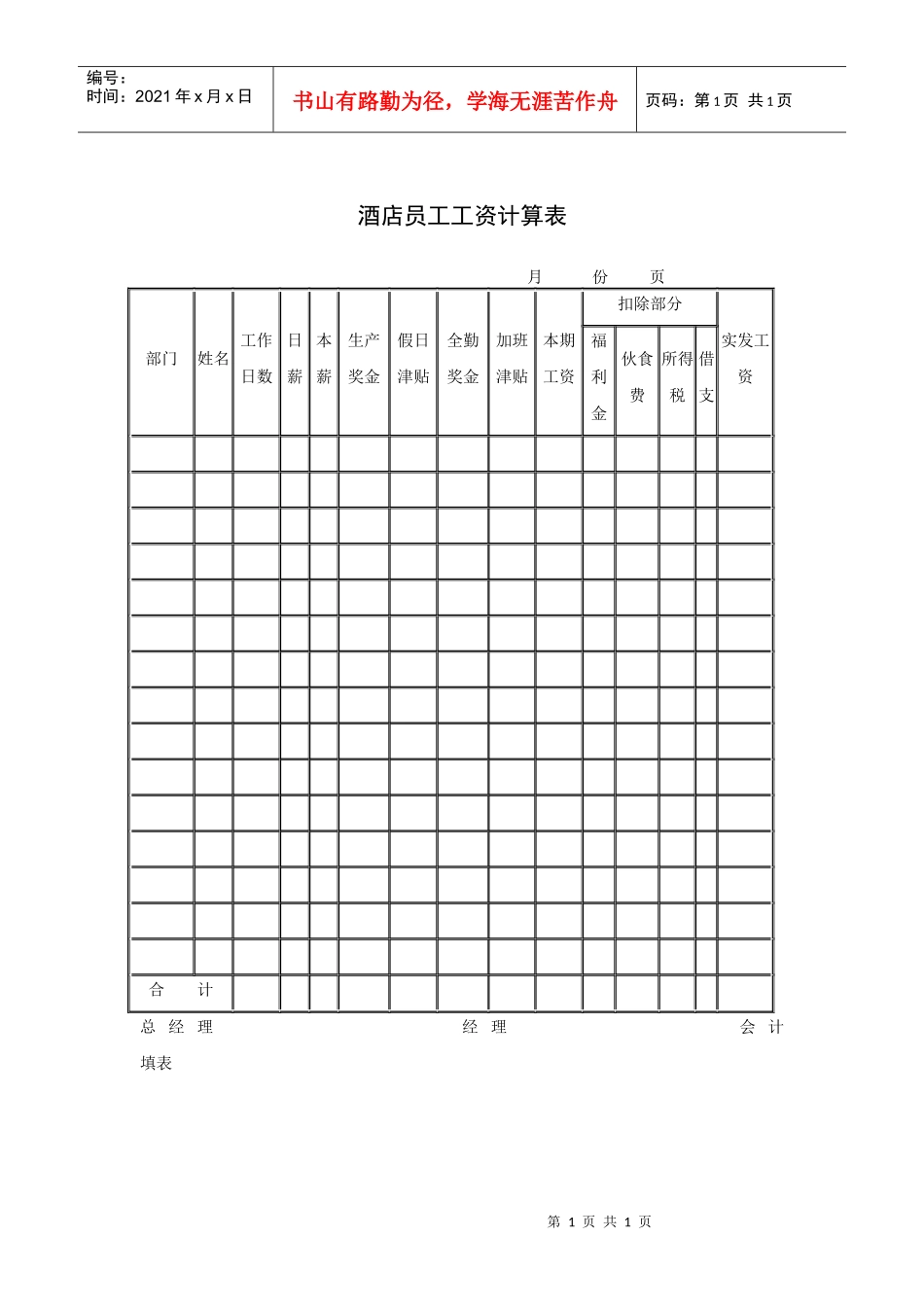 酒店员工工资计算表_第1页