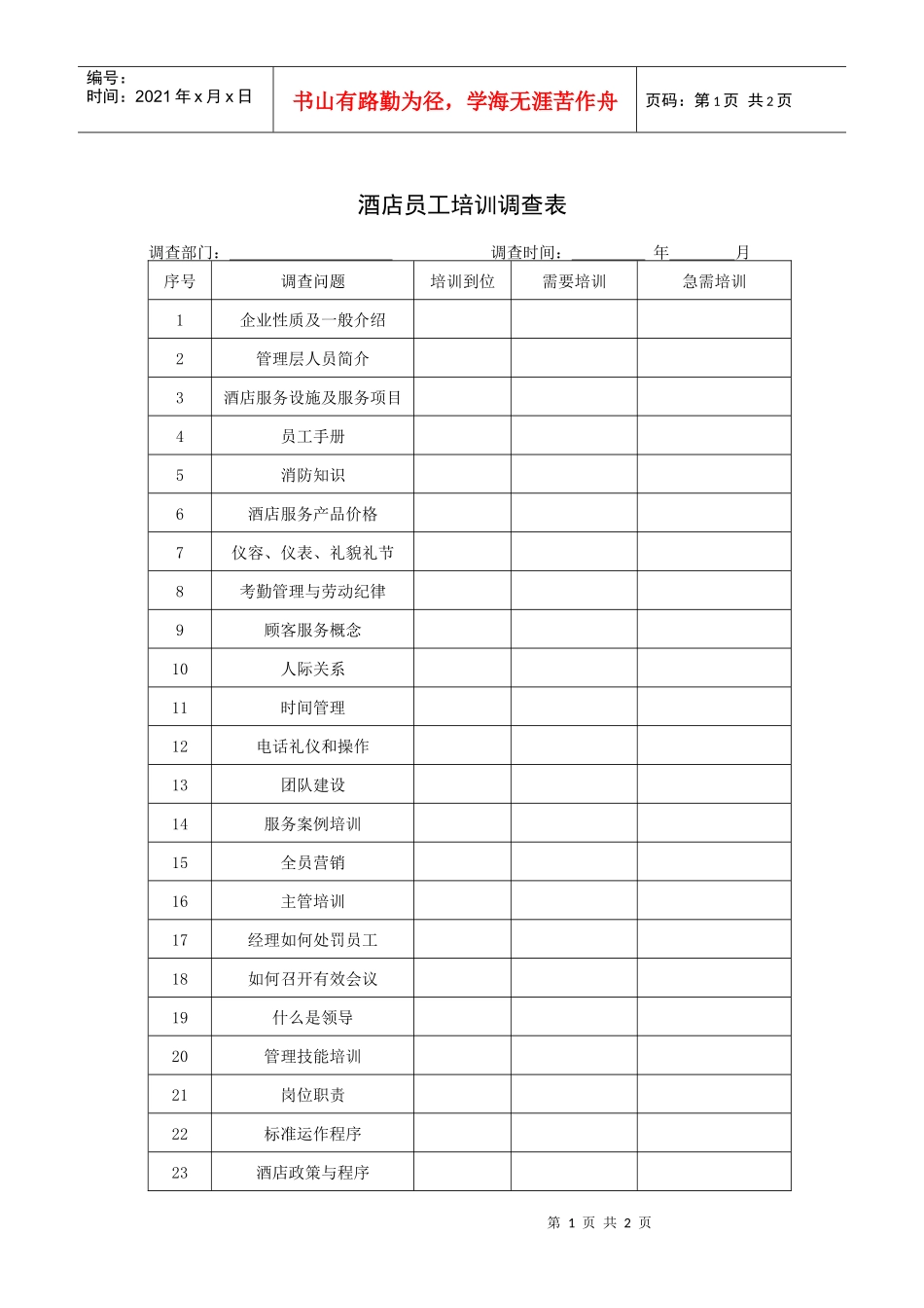酒店员工培训调查表_第1页