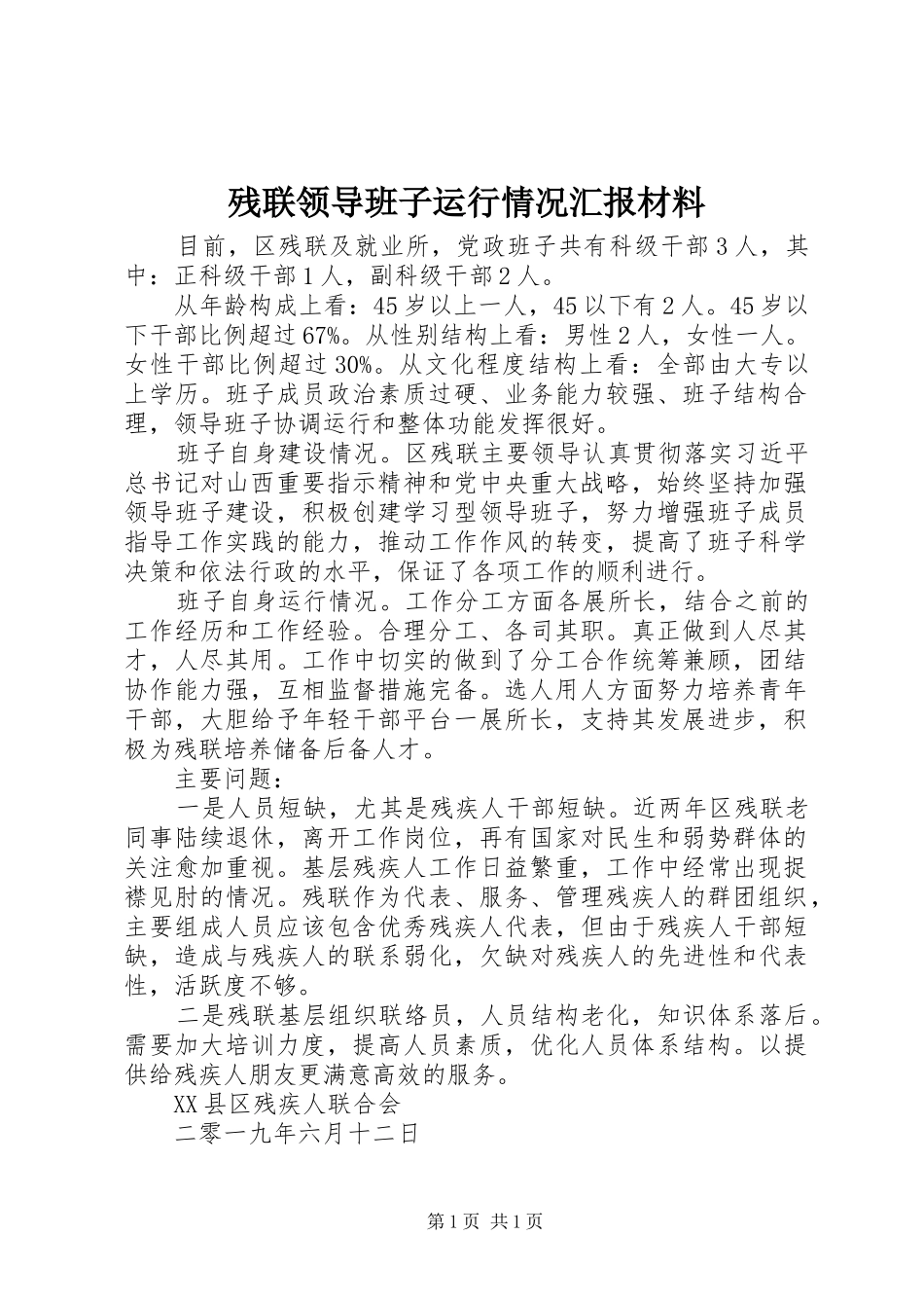 残联领导班子运行情况汇报材料_第1页