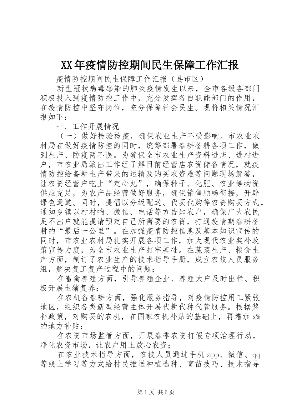 XX年疫情防控期间民生保障工作汇报_第1页