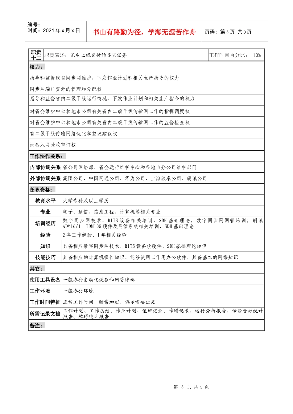 通信行业-网管中心传输室-同步网平台及二干维护岗位说明书_第3页