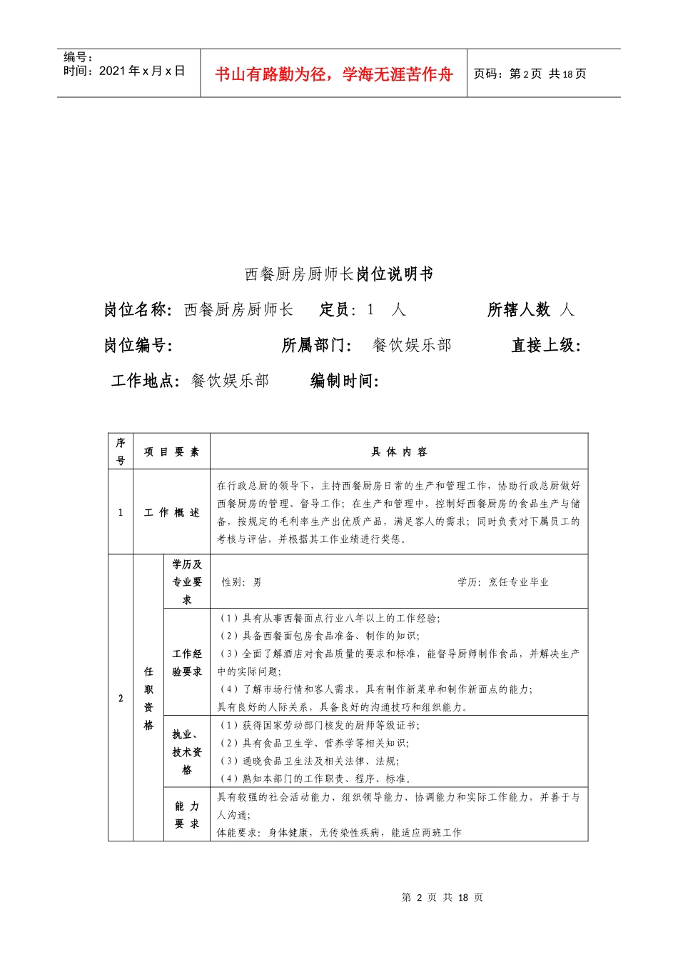 西餐厨房岗位说明书_第2页
