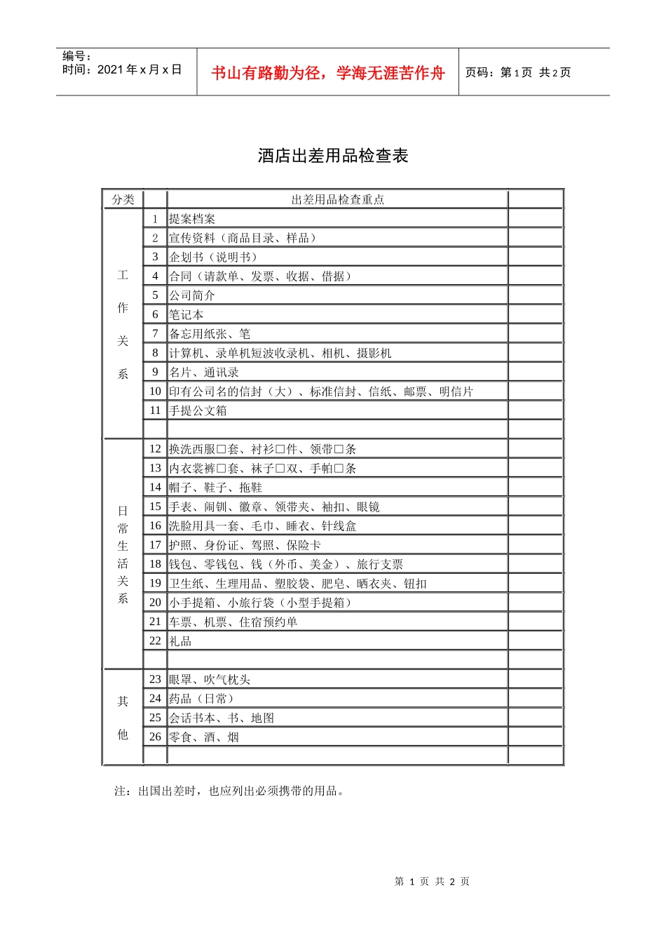 酒店出差用品检查表_第1页