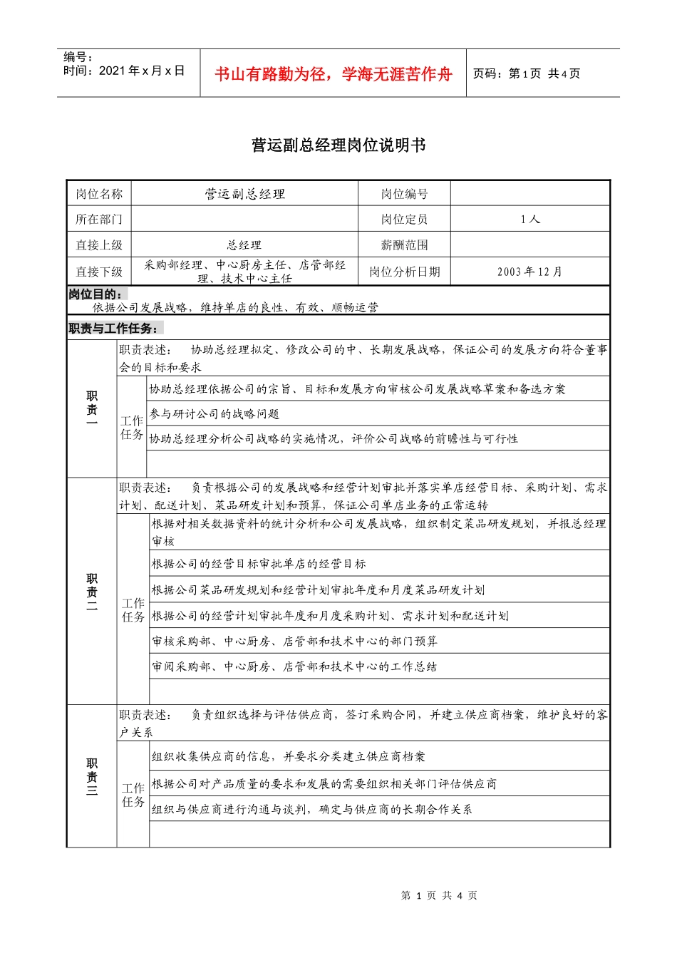 餐饮企业营运副总经理岗位说明书._第1页