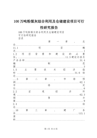 100万吨粉煤灰综合利用及仓储建设项目可行性研究报告