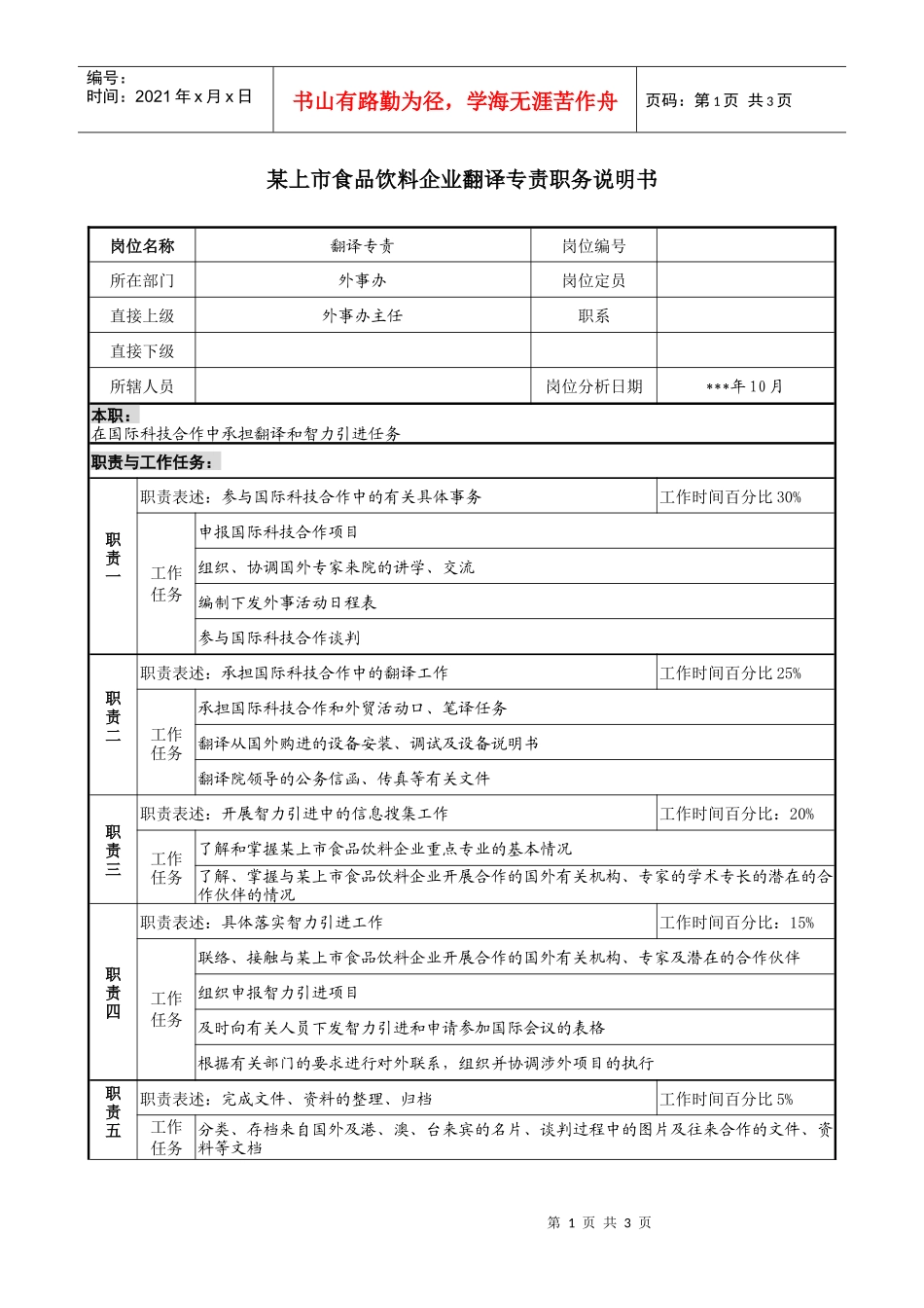 食品饮料企业翻译专责职务说明书_第1页