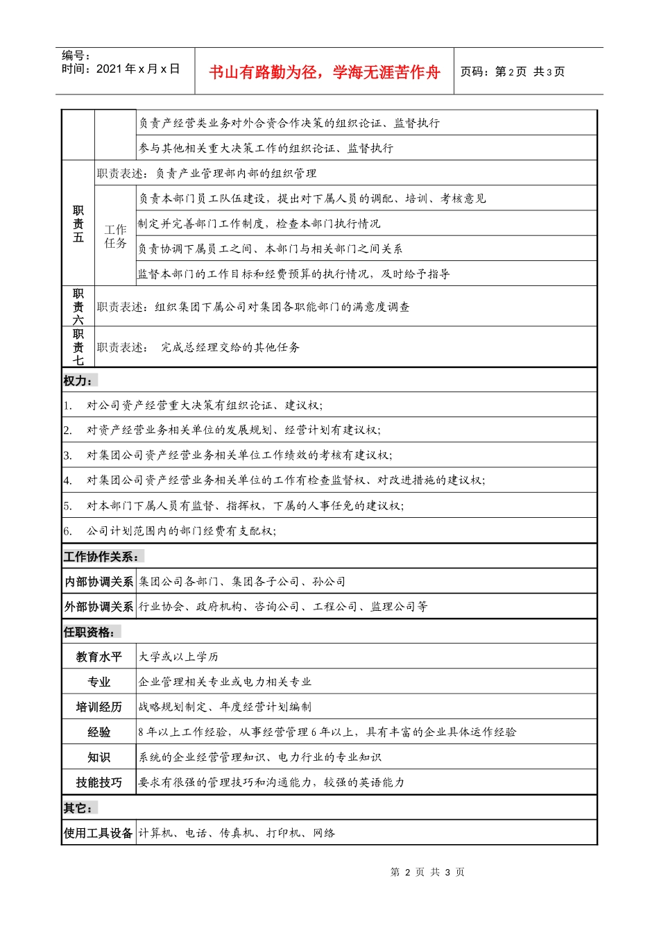 电力集团产业管理部经理职务说明书_第2页
