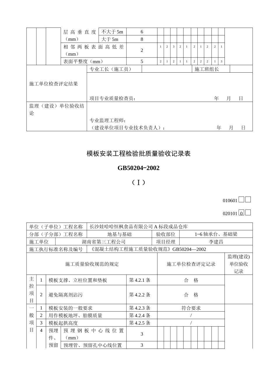 模板安装工程检验批质量验收记录表_第2页