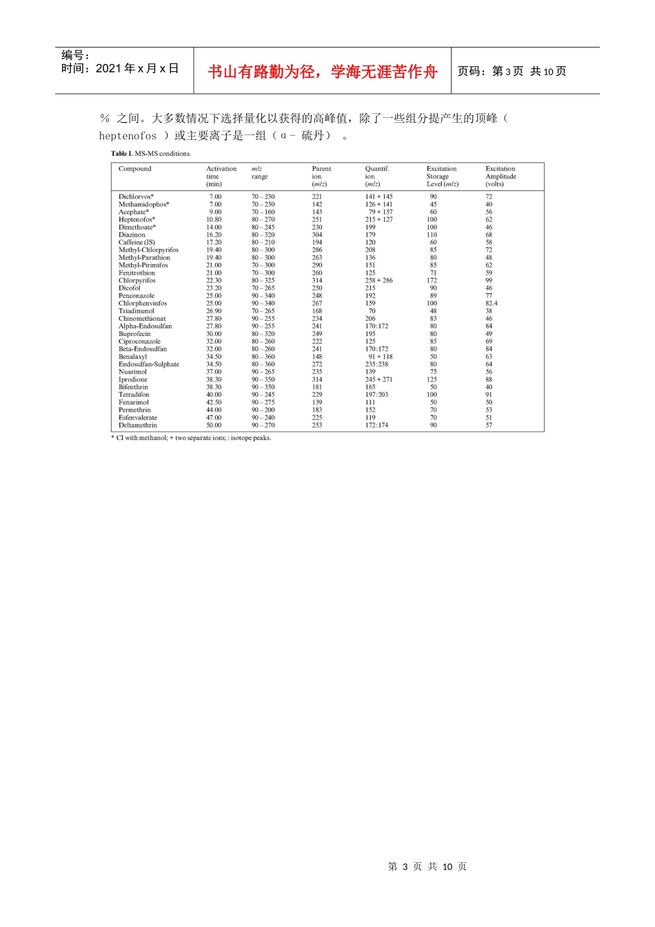 翻译-多残方法测定蔬菜样品中农药含量的气相串联质谱分析_第3页