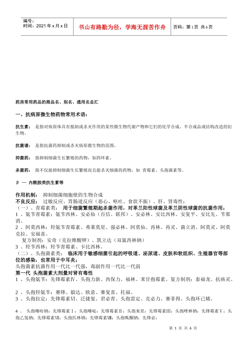 药房常用药品的商品名、别名与通用名_第1页