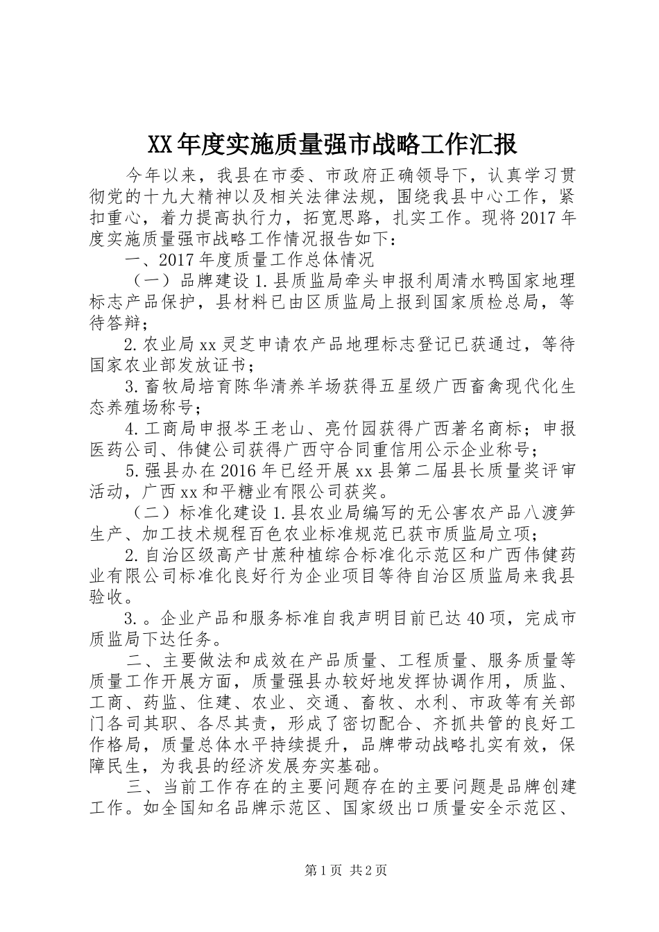XX年度实施质量强市战略工作汇报_第1页