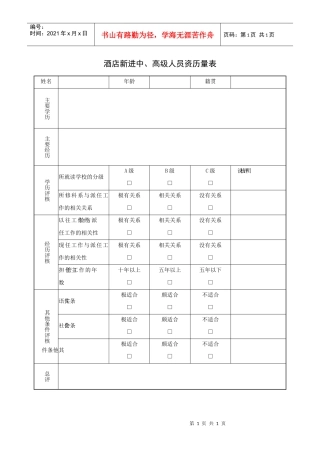 酒店新进中、高级人员资历量表